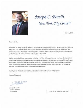 '圖9：市議員約瑟夫﹒博雷利（Joseph C. Borelli）發賀信，鼓勵更多人了解法輪大法。。'