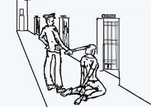'酷刑示意圖：「穿後刑」──將人雙手背銬、雙膝下跪、雙腳戴腳鐐，同時將手銬、腳鐐用鐵絲最短距離串起來'