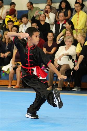 圖6：八月二十五日，在第六屆新唐人武術大賽決賽中，少年拳術組銅獎得主──楊曉樂表演大內八極拳派八極連環拳。