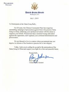 '圖11：威斯康辛州聯邦參議員羅恩﹒瓊森（Ron Jonson）支持信'