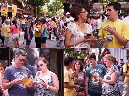 '圖2～3：二零二零年一月二十六日是大年初二，阿根廷學員來到首都布宜諾斯艾利斯繁華的華人街，傳播法輪功真相。'