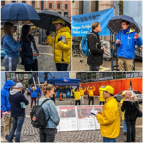 '圖2～3：瑞典民眾冒雨駐足閱讀真相展板，和法輪功學員交談了解詳情。'