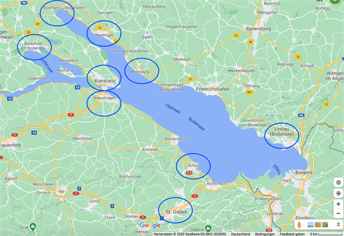 '圖5：法輪功學員環繞博登湖九個景點講真相（谷歌地圖）'