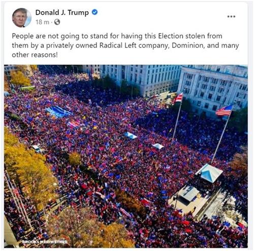 '圖1：美國總統川普在其社交媒體帖文配圖，展現2020年11月14日華盛頓DC集會遊行現場的人山人海。他在帖文中說：人民不會坐視大選結果，被私人擁有的激進左派公司Dominion 及很多其它原因，從他們手中竊走。'