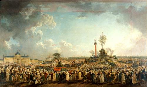 圖例：油畫《戰神廣場上的至上節》（Fête de l』Être suprême au Champ-de-Mars），作者：德瑪希（Pierre-Antoine Demachy），作於1794年。