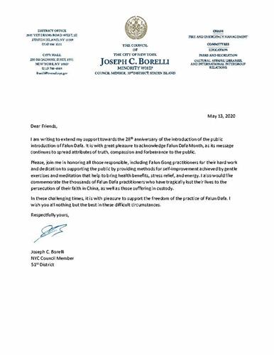 '圖13：紐約市第五十一選區市議員約瑟夫﹒博雷利（Joseph C. Borelli）的賀信'