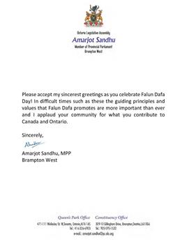圖2B-省議員阿馬爾霍特﹒桑德赫（Amarjot Sandhu）的賀信