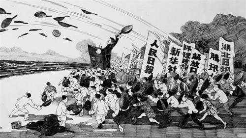 '圖3：北京知名畫家大車創作的漫畫《甩鍋》，諷刺中共掩蓋疫情真相嫁禍海外（大車遭北京公安帶走訓誡）。'