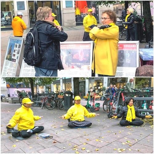 '圖1：二零二一年十月一日下午，法輪功學員在斯德哥爾摩市中心附近的公共廣場（Stureplan）舉辦講真相活動，展示功法並徵集反迫害簽名。'