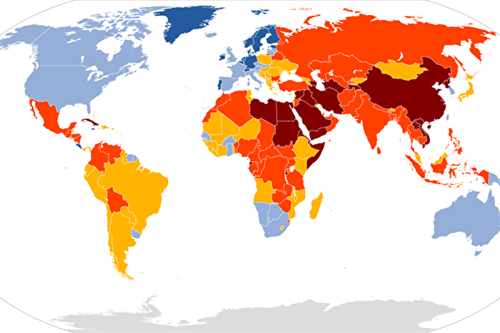 '圖註﹕各國2020年新聞自由指數顏色呈現，中國以褚紅色顯示其新聞自由為全球最差。'