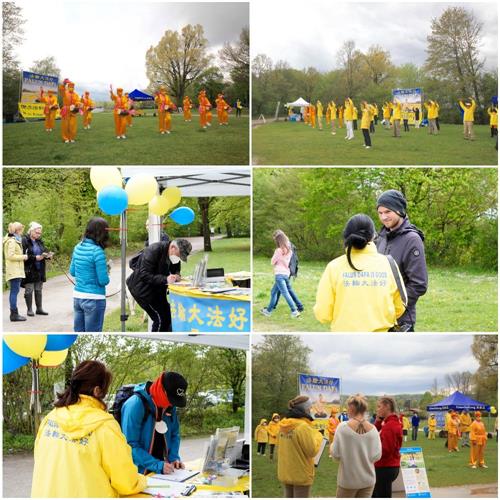 '圖1：二零二一年五月十三日，法輪功學員在德國慕尼黑附近斯坦伯格湖畔（Starnberger See）舉辦歡慶世界法輪大法日暨恭祝師尊七十華誕的活動，吸引了不少民眾的目光。'