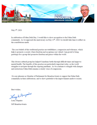 '圖5：聯邦國會議員麥奎爾（Larry Maguire）的賀信。'