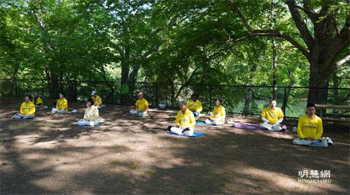'圖3：部份與會法輪功學員在瓊斯橋公園樹蔭下打坐。'