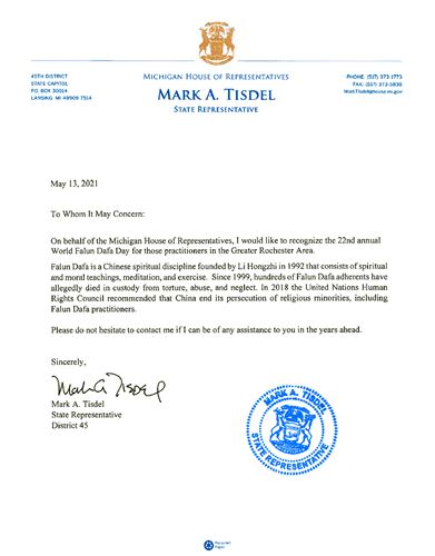 '圖9：第四十五區州眾議員馬克﹒A﹒提斯德爾的賀信'
