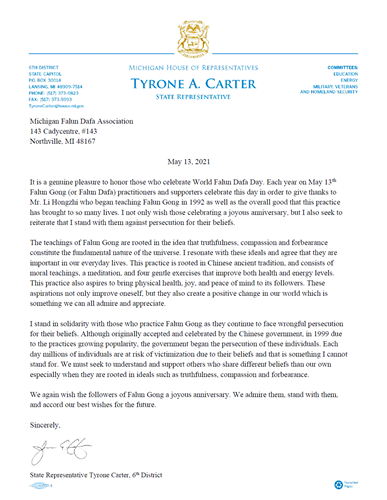 '圖10：第六區的州眾議員泰隆﹒卡特的賀信'