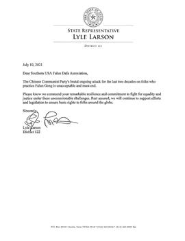 '圖6：第122區州眾議員萊爾﹒阿森納（Lyle Larson）支持信'