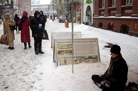 大雪中，法輪功學員在卡托維茲展示功法，傳播真相