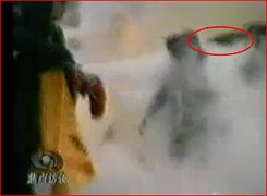 CCTV「自焚」節目慢動作分析-1：在滅火器噴射的同時，一隻手臂掄了起來，猛擊劉春玲的頭部
