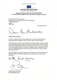 '歐洲議會議員羅傑﹒赫爾默先生致信韓國駐英國大使，呼籲韓國停止遣返法輪功學員'