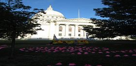 學員們在州議會大廈--這個市中心的地標前的草坪上用紙疊蓮花擺出美麗的圖案）