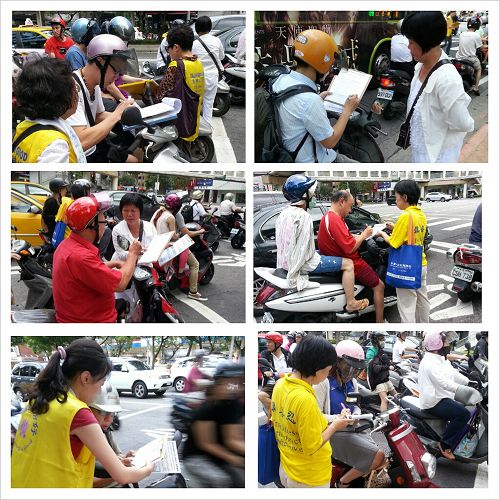 圖1-1～1-5：許多等紅燈的機車騎士在學員說明下簽名，來來往往圍著公園騎單車、慢跑運動的民眾，停下腳步提筆聯署，紛紛表達對良心正義的支持。