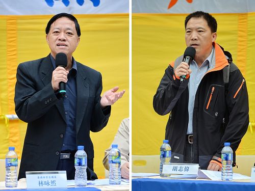 香港立法會議員胡志偉（右）、林詠然（左）發言認為：人民覺醒，中共解體。