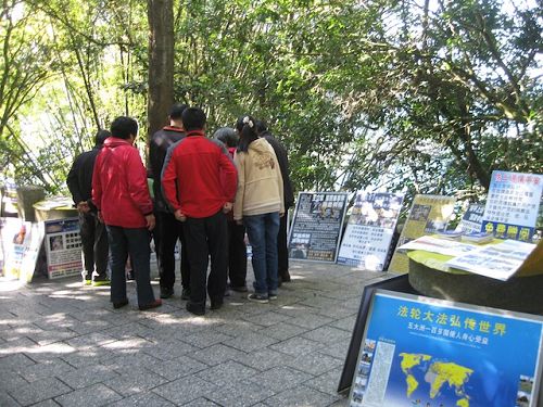 玄光寺步道上擺放很多真相展板，大陸遊客正聚精會神的觀看並討論。