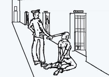 中共酷刑示意圖：「穿後刑」──將人雙手背銬、雙膝下跪、雙腳戴腳鐐，同時將手銬、腳鐐用鐵絲最短距離串起來