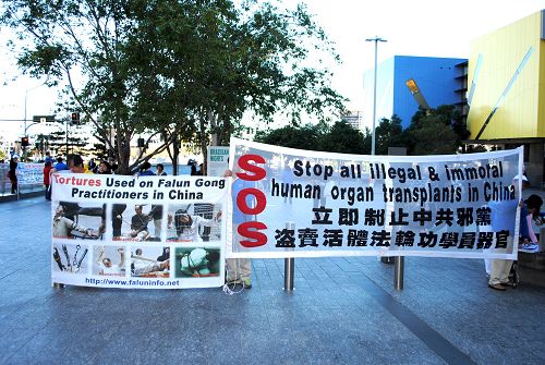 圖1-3：澳洲昆士蘭法輪功學員在布里斯本廣場舉行反迫害十五週年紀念活動，呼籲停止迫害。