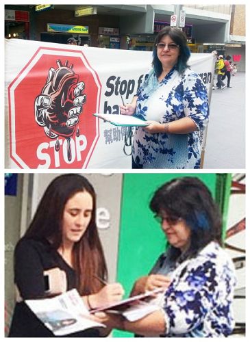 圖1：皮爾森女士（Sheree Pearson）正在請悉尼市民簽名制止「活摘」