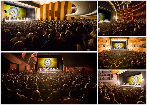 圖2：神韻藝術團在南加州五城的劇院內演出，觀眾爆滿的盛況。（上排左起）好萊塢、北嶺、千橡市，（下排左起）長灘市、橙縣科斯塔梅沙。