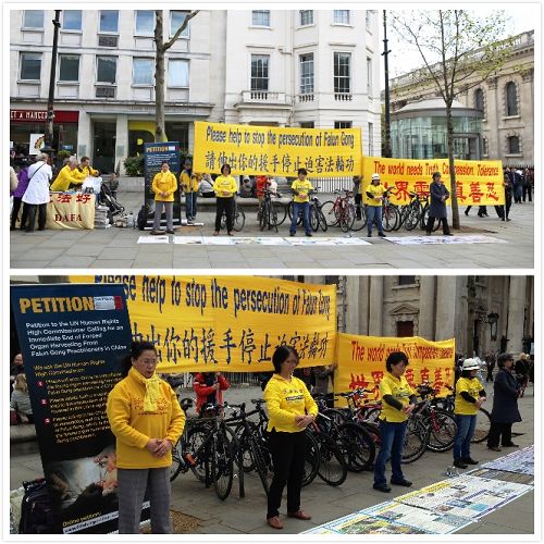 圖2：紀念「四•二五」十六週年，英國法輪功學員在倫敦市中心聖馬丁廣場舉行集體煉功、講真相反迫害活動