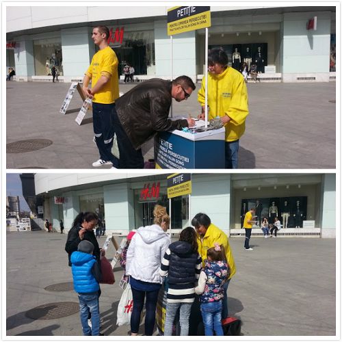 部份羅馬尼亞法輪功學員在布加勒斯特市中心舉行了講真相徵簽活動