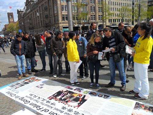 阿姆斯特丹王宮前達姆廣場上，遊客認真閱讀法輪功真相展板
