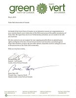 聯邦綠黨領袖、國會議員伊麗莎白•梅和聯邦綠黨副領袖、國會議員布魯斯•海耶的聯名賀信。