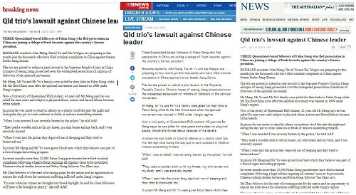 從左至右：澳洲新聞網、9號電視台網站、《澳洲人報》轉載澳新社（AAP）採訪