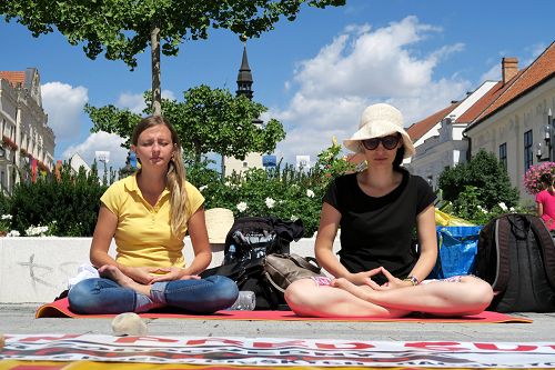法輪功學員在特爾納瓦市真相展位前打坐