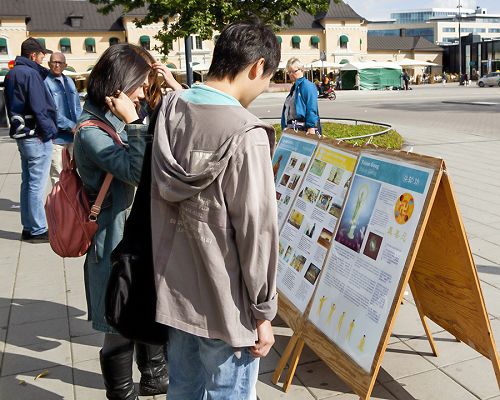 中國大陸留學生和烏普薩拉市當地民眾觀看展板，了解法輪功真相