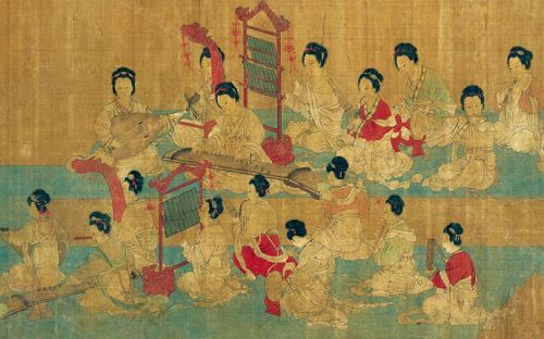 圖2：周文矩《合樂圖》描繪的是古代音樂家合奏樂器。在中國古代，樂器的合奏已具規模。畫上，參加合奏的樂器包括：琵琶、笙、簫、笛、鈸、鼓、古箏、編鐘、板……，參加合奏的達11人，如同一個小樂隊。