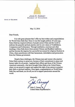 圖6：德拉華州美國國會眾議員約翰•卡尼（John Carney）祝賀法輪大法日。