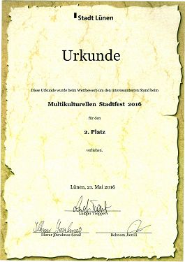 圖1：德國呂嫩市文化節，法輪功在三十六個展位的評比中獲得第二名的獲獎證書