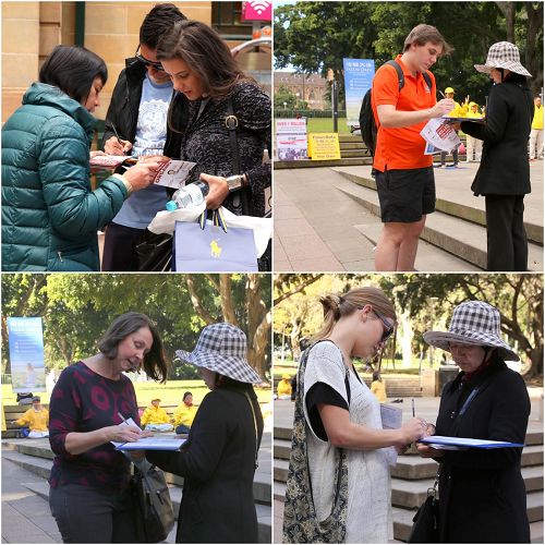 '圖 1、2：悉尼法輪功學員在市中心海德公園的主要入口處展開明信片徵簽活動'