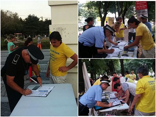 各地公園徵簽活動中，警察們駐足簽名支持反迫害