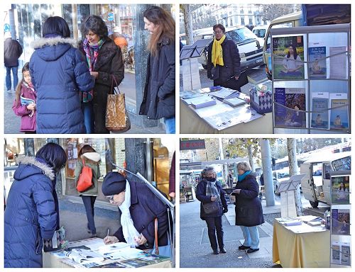 '二零一七年三月二十二日，瑞士法輪功學員在內瓦市的一個集市上設立了講真相攤位，向民眾傳播法輪功真相。'