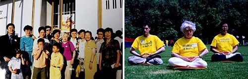 '圖3：左圖：二零零一年，伊蓮在美國華盛頓與同修在一起，圖中穿玫紅色衣服的為伊蓮，右邊的白衣女士是王大姐；右圖：伊蓮（圖中）在公園打坐煉功。'