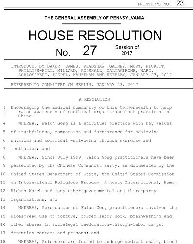 '圖2：美國賓州眾議院於2017年4月25日全票通過第27號議案，呼籲醫學界與社會公眾一起來譴責和制止在中國大陸發生的活體摘取器官這一罪行。'