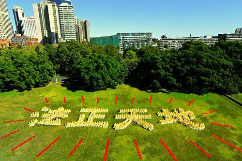 '圖1：澳洲法輪功學員在悉尼皇家植物園大草坪上排字「法正天地」，展示修煉的堅定信念。'