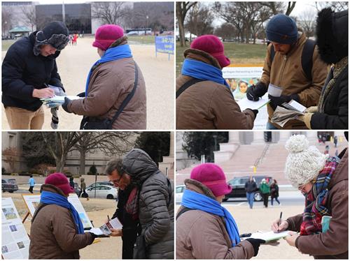 '圖2～3：十二月三十一日，華府法輪功學員冒著嚴寒向遊人們傳遞真相，送上新年的祝福。'