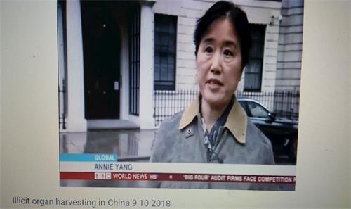 '圖5：在BBC電視節目中，法輪功學員楊女士站在倫敦中使館前向記者揭露中共迫害'