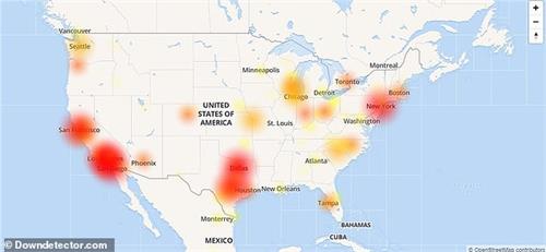 圖片1說明：此圖顯示了美國Google服務的停機地圖。 網絡服務公司表示，中斷持續了將近一個半小時，並於格林尼治標準時間晚上10:30（美國東部時間下午5:30）恢復。